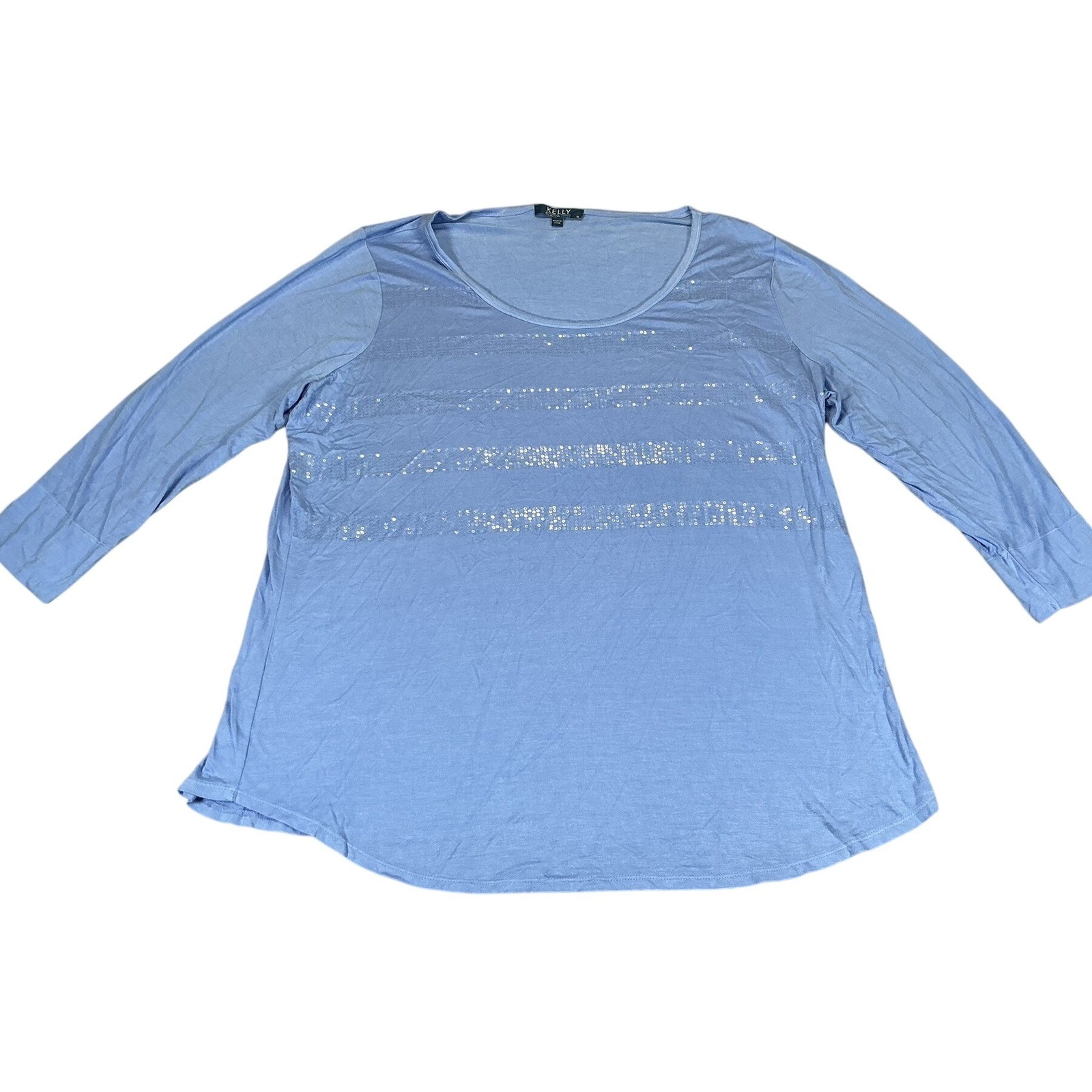 Kelly By Clinton Kelly 1x Blue Sequin Striped 3/4 Sleeve Stretch Top Plus